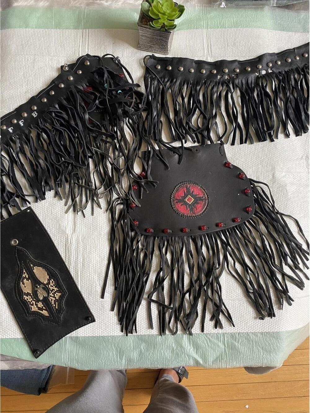Motorcycle decor Set of Black Leather Fringe Accessories with Studs
